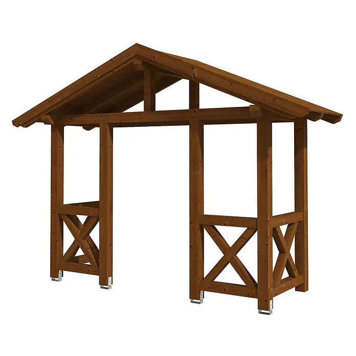 SKAN HOLZ Giebelvordach Stralsund 5 - 360 x 139 x 299 cm, Nussbaum - Braune Holzpergola mit Satteldach und Seitenwänden mit X-Streben auf Metallfüßen.