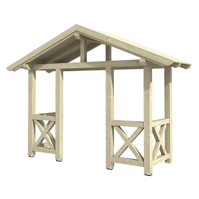 SKAN HOLZ Giebelvordach Stralsund 5 - 360 x 139 x 299 cm, Natur - Helles Holz-Pergola-Gestell mit Satteldach und X-Streben, für den Außenbereich.