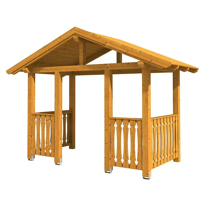 SKAN HOLZ Giebelvordach Stralsund 8 - 360 x 187 x 299 cm, Eiche hell - Hölzerner Gartenpavillon mit Giebeldach, offenen Seiten, dekorativen Balustraden und Metallpfostenankern.