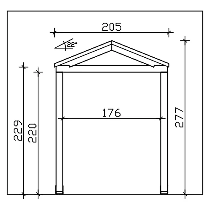 SKAN HOLZ Giebelvordach Sellin - 205 x 127 x 277 cm, Anthrazit - Technische Zeichnung eines Giebeldaches mit Frontmaßen und 22 Grad Dachneigung.