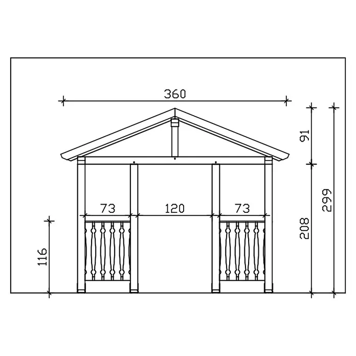 SKAN HOLZ Giebelvordach Stralsund 6 - 360 x 139 x 299 cm, Schiefergrau - Frontansicht eines Holzpavillons mit Maßen für Höhe, Breite und Geländer.