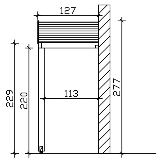 SKAN HOLZ Giebelvordach Sellin - 205 x 127 x 277 cm, Anthrazit - Technische Zeichnung eines wandmontierten Rolladens im Querschnitt, mit Maßen.