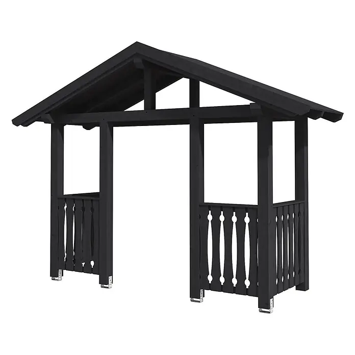 SKAN HOLZ Giebelvordach Stralsund 6 - 360 x 139 x 299 cm, Anthrazit - Schwarze Holzpergola mit spitzem Dach und dekorativem Geländer für den Garten.