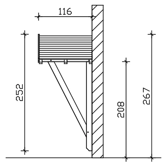 SKAN HOLZ Giebelvordach Siegen 2 - 247 x 116 x 252 cm, Weiß - Technisches Zeichnung eines wandmontierten Regalträgers mit Diagonale. Maße: Tiefe 116, Gesamthöhe 252.