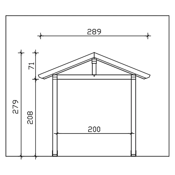SKAN HOLZ Giebelvordach Stralsund 4 - 289 x 116 x 279 cm, Eiche hell - Technische Zeichnung einer Giebelholzkonstruktion, wahrscheinlich ein Carport, mit angegebenen Maßen: Höhe 279, Breite 289, Innenbreite 200.