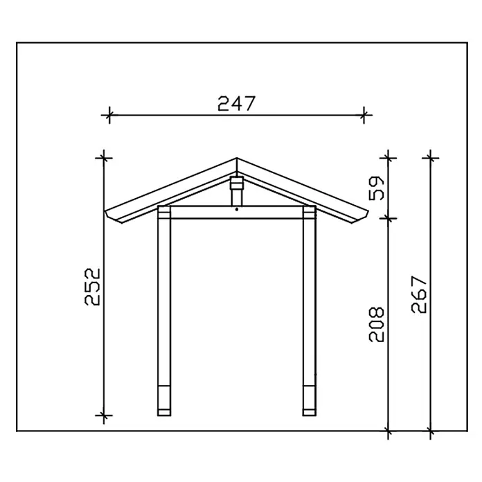 SKAN HOLZ Giebelvordach Siegen 2 - 247 x 116 x 252 cm, Weiß - Technische Zeichnung eines Holzrahmenbaus mit Satteldach und Maßen.