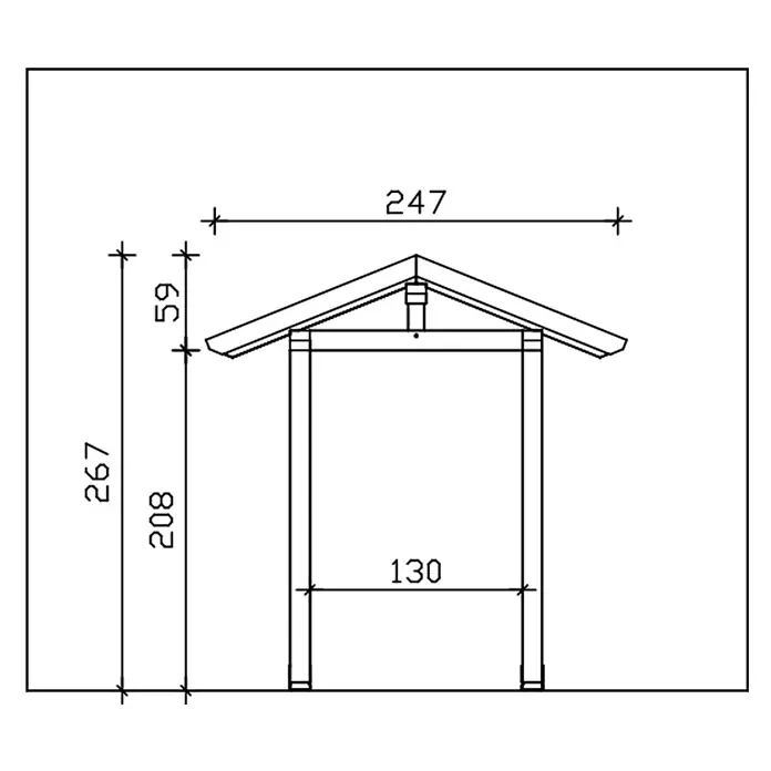 SKAN HOLZ Giebelvordach Siegen 4 - 247 x 116 x 267 cm, Weiß - Technische Zeichnung eines kleinen Stands oder Unterstands mit Satteldach und freiliegendem Holzrahmen, mit Bemaßungen.