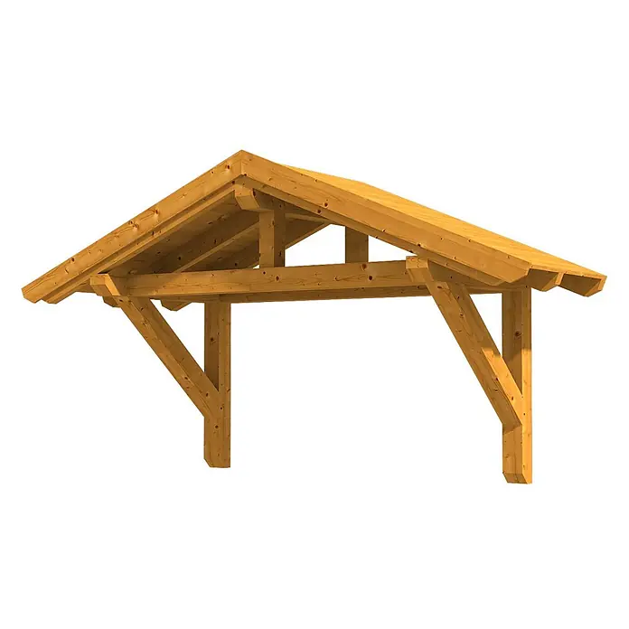 SKAN HOLZ Giebelvordach Stralsund 1 - 289 x 116 x 177 cm, Eiche hell - Hellbraune Holz-Giebelüberdachung mit sichtbaren Sparren und Stützpfosten.
