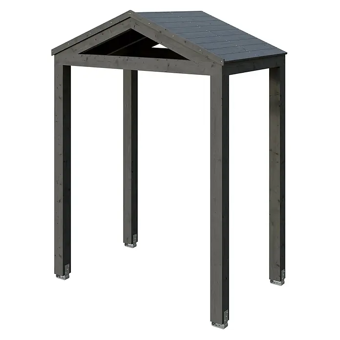 SKAN HOLZ Giebelvordach Sassnitz - 205 x 127 x 277 cm, Schiefergrau - Dunkelgraue Holzpergola mit spitzem Dach und vier Stützpfosten.
