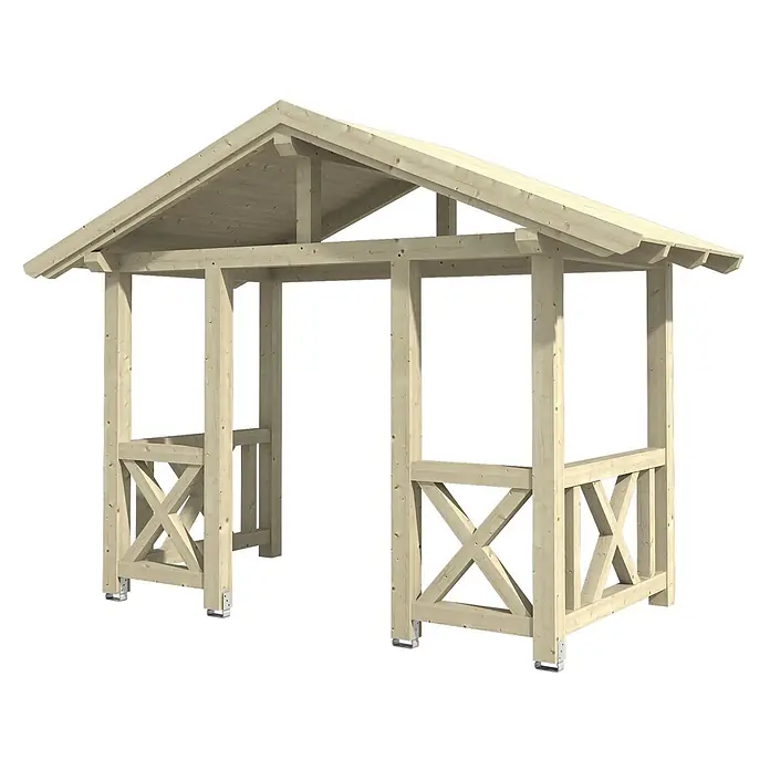 SKAN HOLZ Giebelvordach Stralsund 7 - 360 x 187 x 299 cm, Natur - Heller Holzpavillonrahmen mit Giebeldach und dekorativen X-Streben an den Seiten, mit Metallfüßen für die Außenmontage.