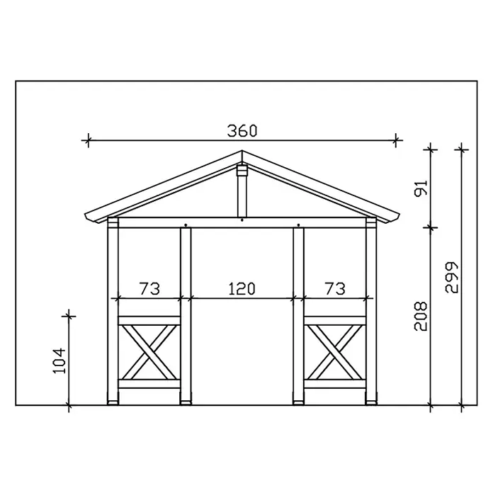 SKAN HOLZ Giebelvordach Stralsund 7 - 360 x 187 x 299 cm, Nussbaum - Technische Zeichnung eines Pavillons mit Satteldach, Stützpfosten und Kreuzverstrebungen an den unteren Paneelen, mit Maßangaben.
