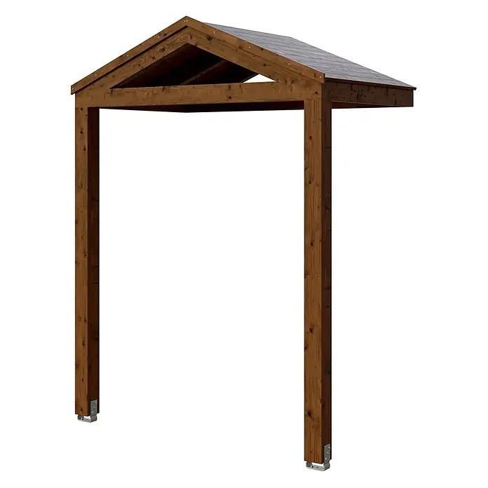 SKAN HOLZ Giebelvordach Sellin - 205 x 127 x 277 cm, Nussbaum - Dunkelbraunes Holzcarport oder Eingangsvordach mit schrägem Dach und zwei Stützpfosten.