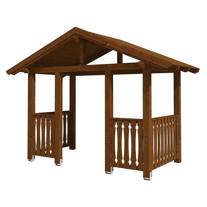 SKAN HOLZ Giebelvordach Stralsund 8 - 360 x 187 x 299 cm, Nussbaum - Dunkelbrauner Holzpavillon mit Satteldach und dekorativen Geländern.