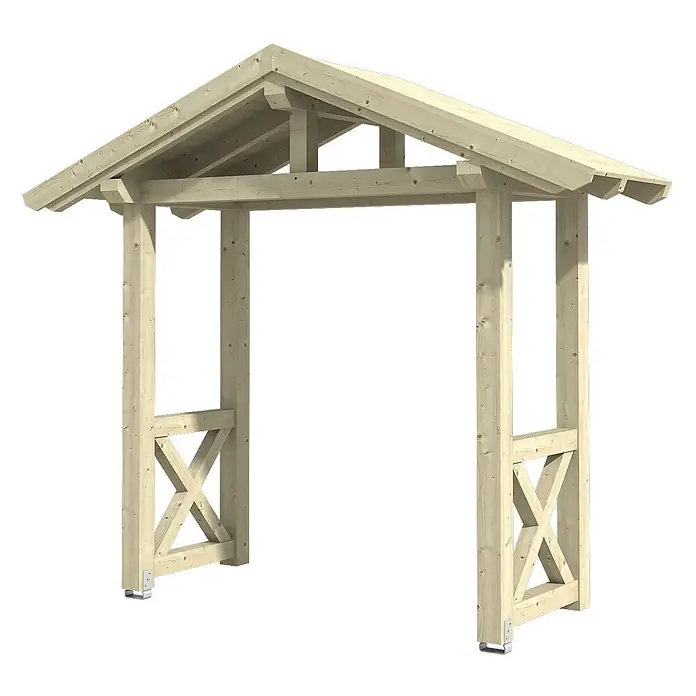 SKAN HOLZ Giebelvordach Stralsund 4 - 289 x 116 x 279 cm, Natur - Helle Holzpergola mit Satteldach und Kreuzstreben, für den Garten.
