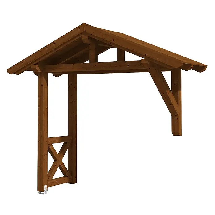 SKAN HOLZ Giebelvordach Stralsund 3 - 289 x 116 x 279 cm, Nussbaum - Braunes Holzvordach mit Satteldach und X-Streben-Stütze.