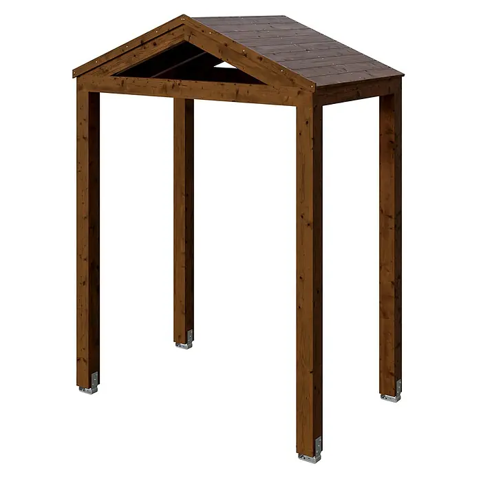 SKAN HOLZ Giebelvordach Sassnitz - 205 x 127 x 277 cm, Nussbaum - Dunkelbraune Holzpergola mit Satteldach und vier Stützpfosten mit Metallfüßen.
