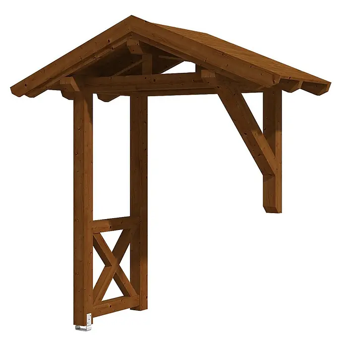 SKAN HOLZ Giebelvordach Siegen 3 - 247 x 116 x 267 cm, Nussbaum - Braunes hölzernes Eingangsvordach mit Giebeldach und einem Stützpfosten mit Kreuzverstrebung.