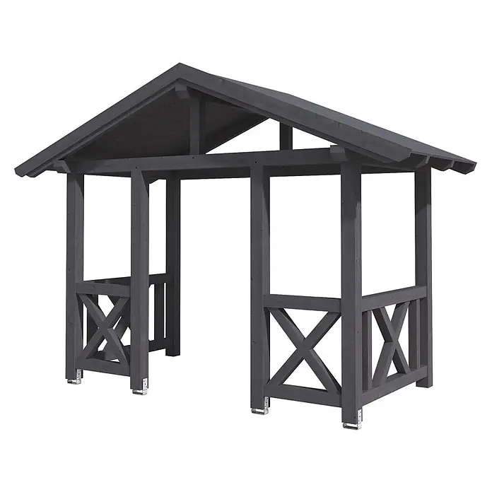 SKAN HOLZ Giebelvordach Stralsund 7 - 360 x 187 x 299 cm, Schiefergrau - Dunkelgrauer Holzpavillon, eine Gartenstruktur mit Spitzdach, gekreuzten Seitenstreben und Metallfußplatten.