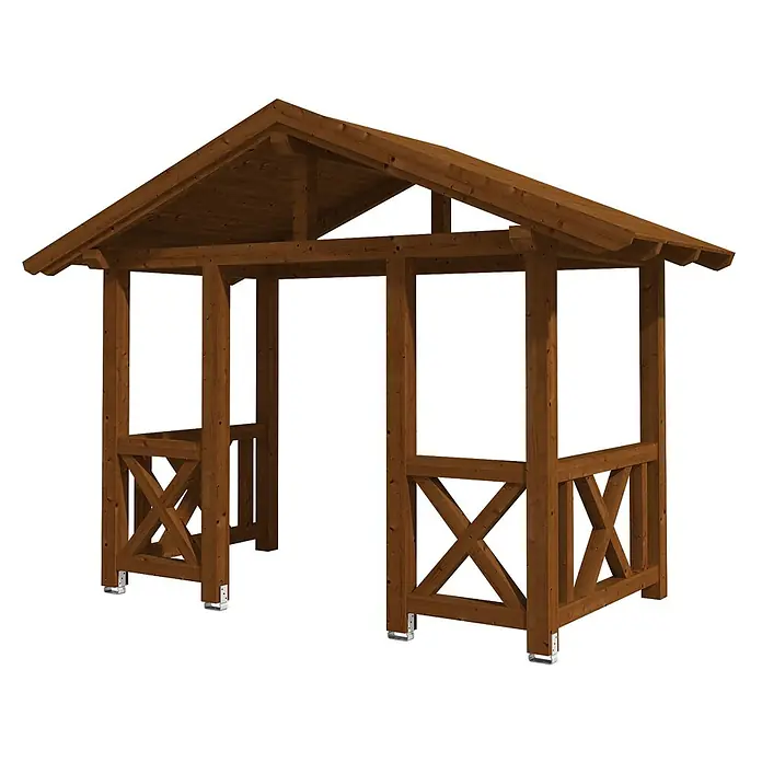 SKAN HOLZ Giebelvordach Stralsund 7 - 360 x 187 x 299 cm, Nussbaum - Dunkelbraunes Holzpavillon mit Satteldach und dekorativen X-förmigen Seitenstreben.