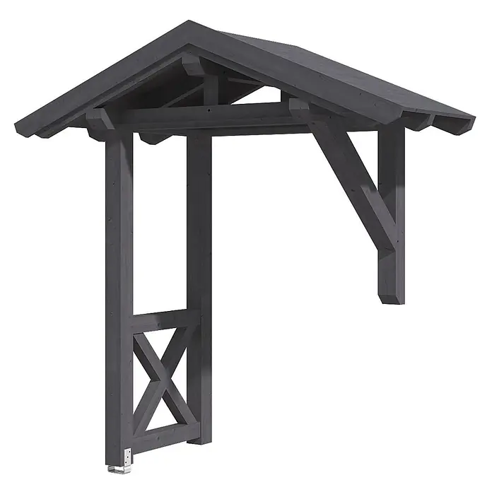 SKAN HOLZ Giebelvordach Siegen 3 - 247 x 116 x 267 cm, Schiefergrau - Graues Holzeingangs-Vordach mit Satteldach, gestützt von einem Pfosten mit Kreuzstrebe und Seitenkonsole.