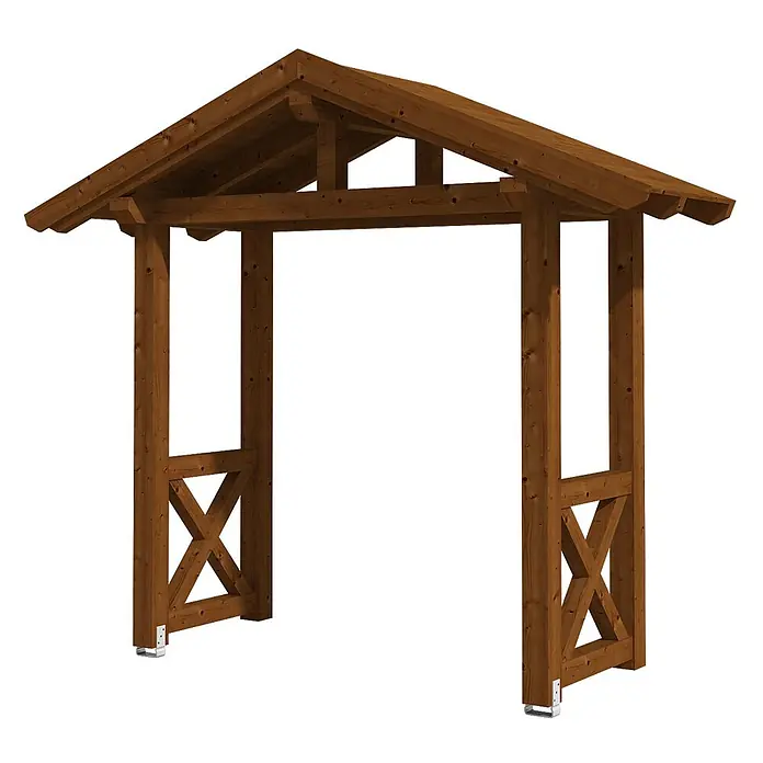 SKAN HOLZ Giebelvordach Stralsund 4 - 289 x 116 x 279 cm, Nussbaum - Dunkelbrauner Gartenbogen aus Holz mit Giebeldach und X-Streben.