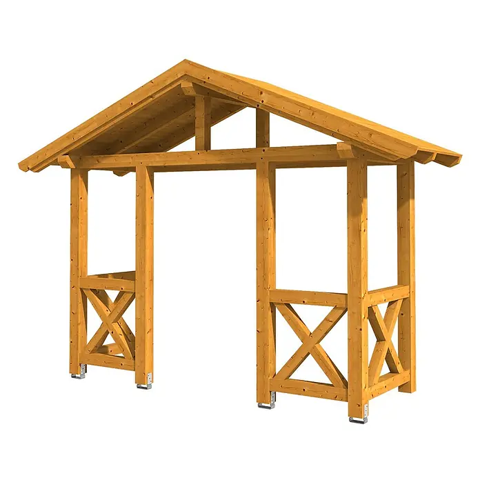 SKAN HOLZ Giebelvordach Stralsund 5 - 360 x 139 x 299 cm, Eiche hell - Helle Holzpergola mit Giebeldach und X-Streben an den Seiten.