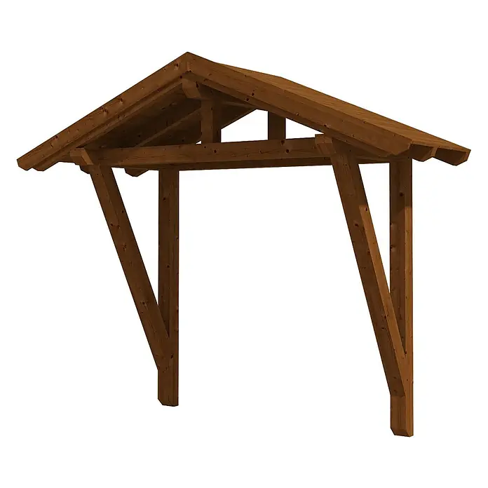 SKAN HOLZ Giebelvordach Stralsund 2 - 289 x 116 x 265 cm, Nussbaum - Braune Holzüberdachung mit Satteldach und zwei Stützpfosten.