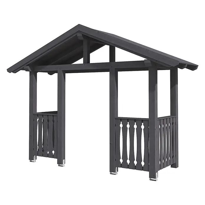 SKAN HOLZ Giebelvordach Stralsund 6 - 360 x 139 x 299 cm, Schiefergrau - Dunkelgrauer Holzpavillon mit Satteldach und dekorativen Seitenleisten, auf Metallfüßen stehend.