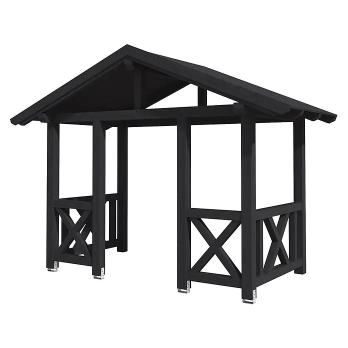 SKAN HOLZ Giebelvordach Stralsund 7 - 360 x 187 x 299 cm, Anthrazit - Dunkelgrauer Holzpavillon mit Spitzdach und dekorativen Kreuzstreben an der Basis.