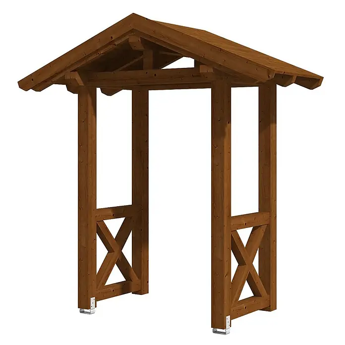 SKAN HOLZ Giebelvordach Siegen 4 - 247 x 116 x 267 cm, Nussbaum - Brauner Holz-Gartenbogen mit Satteldach und dekorativen Kreuzstreben.
