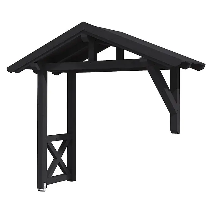 SKAN HOLZ Giebelvordach Stralsund 3 - 289 x 116 x 279 cm, Anthrazit - Schwarzes hölzernes Eingangsüberdachung mit A-Rahmendach und dekorativer X-Strebe am linken Stützpfosten.