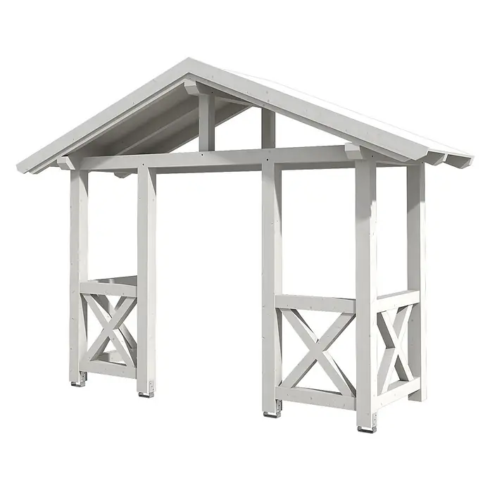 SKAN HOLZ Giebelvordach Stralsund 5 - 360 x 139 x 299 cm, Weiß - Weißes Holzpergola mit Satteldach und dekorativen Kreuzstreben.