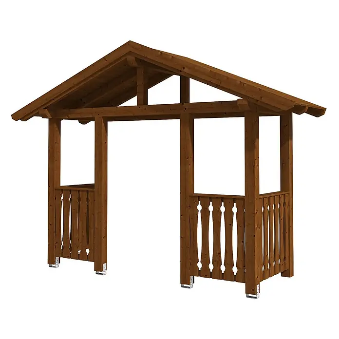 SKAN HOLZ Giebelvordach Stralsund 6 - 360 x 139 x 299 cm, Nussbaum - Dunkelbrauner Holzgartenpavillon mit Satteldach, dekorativem Geländer und Metallpfostenträgern.