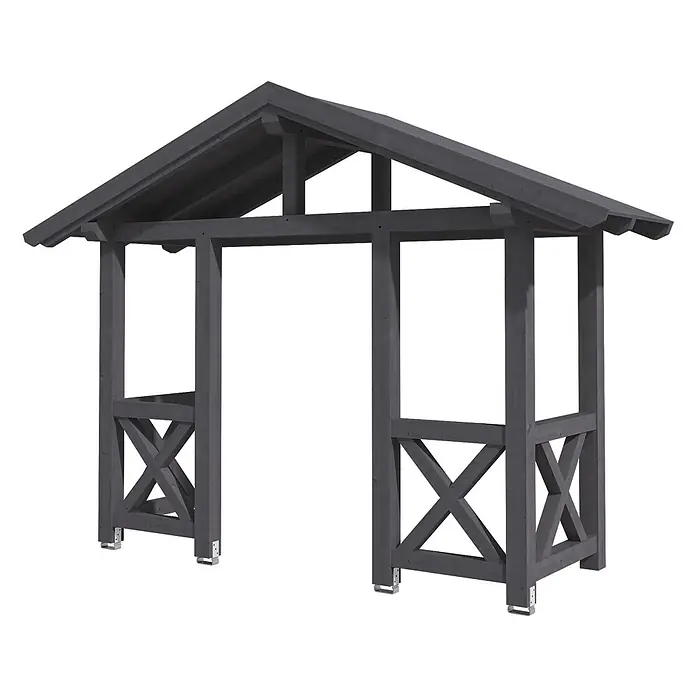 SKAN HOLZ Giebelvordach Stralsund 5 - 360 x 139 x 299 cm, Schiefergrau - Dunkelgraue Holzpergola mit Satteldach, gekreuzten unteren Paneelen und Metallfüßen.