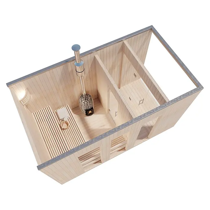 FinnTherm Saunahaus Tim - L x B x H: 382 x 21 x 239 cm - Hellholz-Sauna-Innenraum mit Ofen, Bänken und Zubehör, von oben gesehen.
