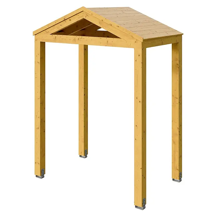 SKAN HOLZ Giebelvordach Sassnitz - 205 x 127 x 277 cm, Eiche hell - Holzcarport mit Satteldach, aus hellem Naturholz und vier Pfosten, mit Metallfußplatten befestigt.