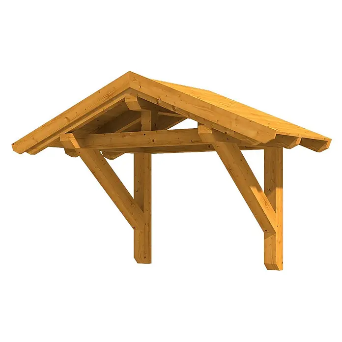 SKAN HOLZ Giebelvordach Siegen 1 - 247 x 116 x 164 cm, Eiche hell - Holzrahmen-Vordachkonstruktion aus hellem Holz mit Giebeldach und Stützpfosten.