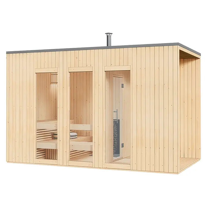 FinnTherm Saunahaus Tim - L x B x H: 382 x 21 x 239 cm - Helle Holz-Außensauna mit Glasfenstern, zwei Sitzbereichen und Glastür zum Ofen, unter grauem Dachabschluss.