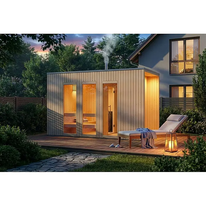 FinnTherm Saunahaus Tim - L x B x H: 382 x 21 x 239 cm - Moderne Außensauna mit heller Holzverkleidung und Glasfronten auf einer Holzterrasse im Garten zur Entspannung.