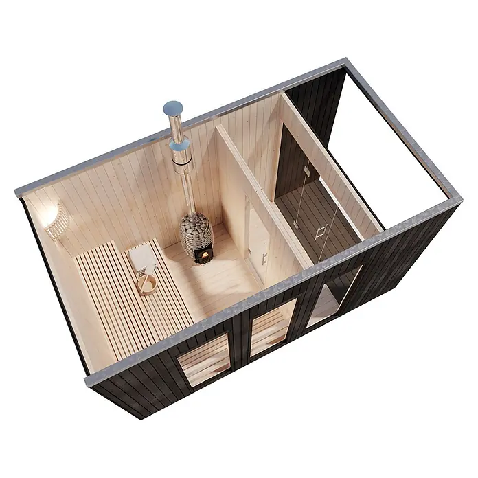FinnTherm Saunahaus Tim black 72mm Wandstärke -  - Moderne Außensauna mit dunkler Holzverkleidung. Innenraum zeigt einen Holzofen, Holzbänke und einen Umkleideraum mit Glastür.