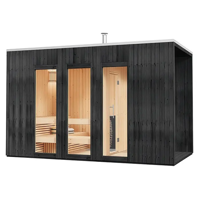 FinnTherm Saunahaus Tim black 72mm Wandstärke -  - Schwarze Holz-Außensauna mit Glastüren, hellem Holzinterieur, silbernem Schornstein und offenem Bereich.