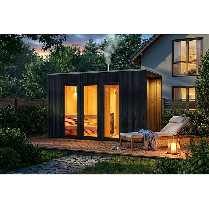 FinnTherm Saunahaus Tim black 72mm Wandstärke -  - Dunkle Holz-Außensauna mit warm leuchtendem Interieur und aufsteigendem Dampf, auf Holzterrasse neben Liegestuhl bei Dämmerung.