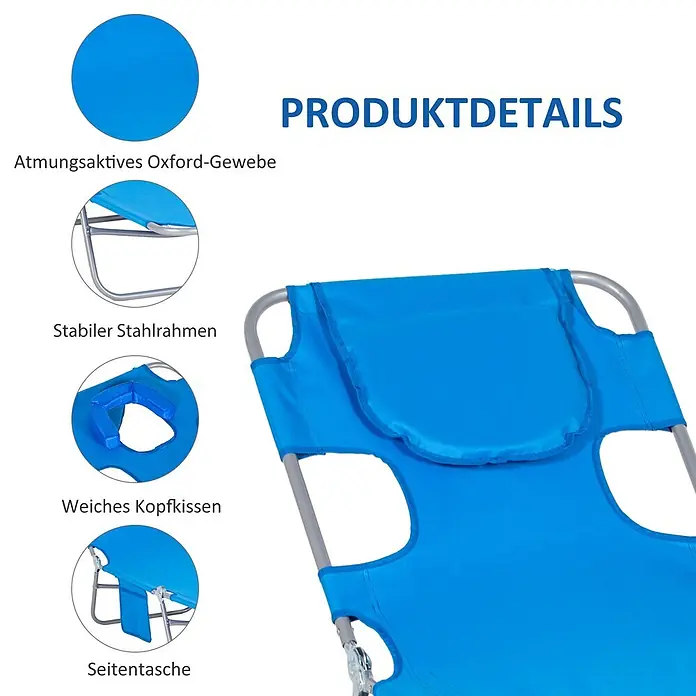 Outsunny Gartenliege - Blau, Stahl - Blauer Klappliegestuhl aus atmungsaktivem Oxford-Gewebe, mit stabilem Stahlrahmen, weichem Kopfkissen und einer Seitentasche.