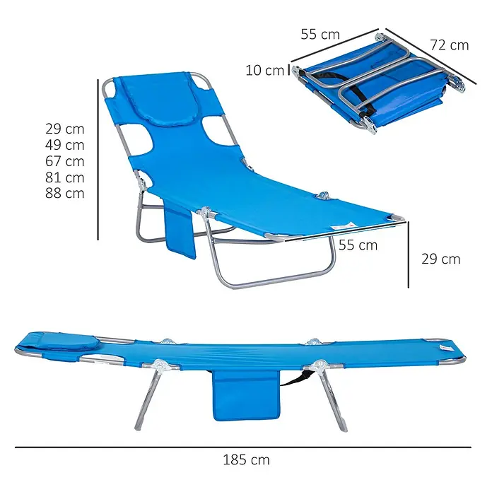 Outsunny Gartenliege - Blau, Stahl - Blauer Klappliegestuhl mit Metallrahmen, verstellbarer Rückenlehne und Maßen, offen und zusammengeklappt dargestellt.