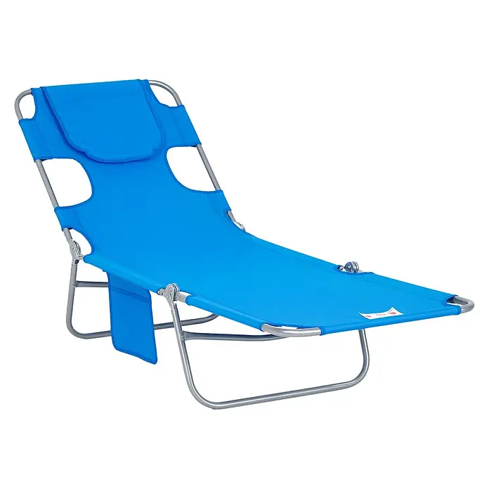Outsunny Gartenliege - Blau, Stahl - Verstellbare blaue Stoff-Strandliege mit silbernem Metallrahmen, Kopfstütze und Seitentasche.