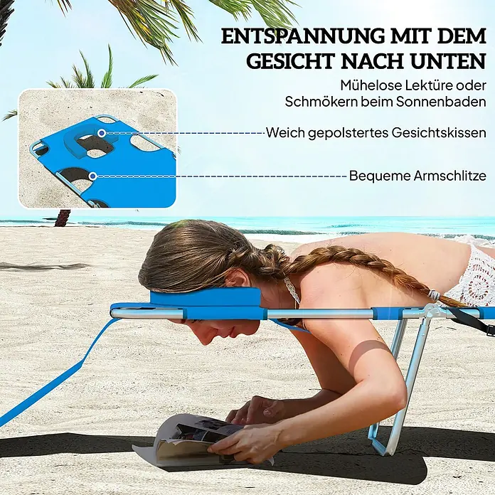 Outsunny Gartenliege - Blau, Stahl - Blauer Strandliegestuhl mit gepolstertem Gesichtskissen und Armschlitzen für bequemes Lesen oder Sonnenbaden auf dem Bauch.