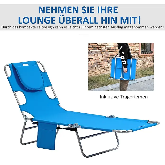 Outsunny Gartenliege - Blau, Stahl - Blauer faltbarer Liegestuhl mit Kopfkissen und Tasche, mit Trageriemen für einfachen Transport.