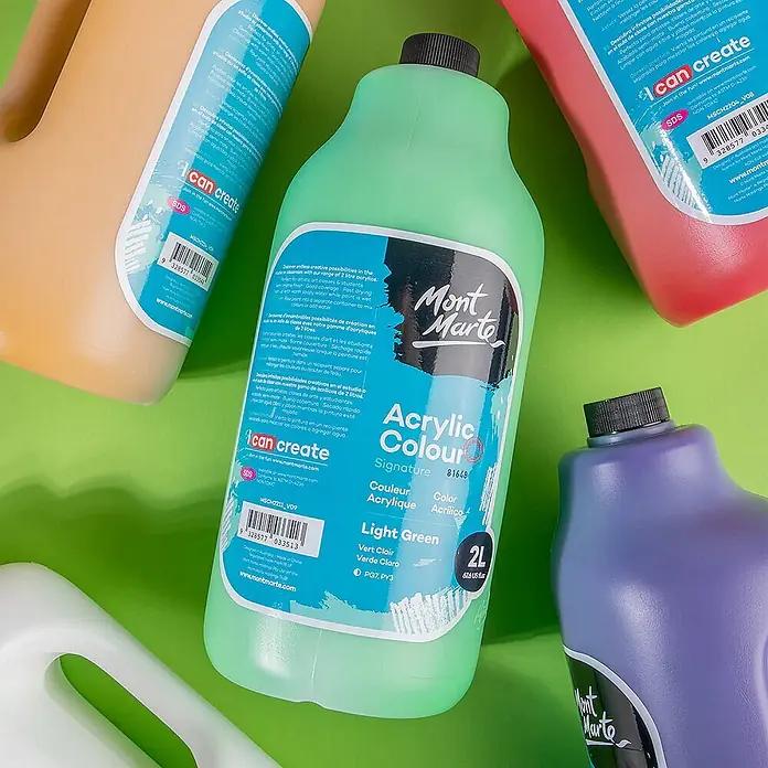 Mont Marte Acrylfarbe Signature - Hellgrün, 2.000 ml, Flasche mit Tropfpipette - Große Flaschen Mont Marte Acrylfarbe in verschiedenen Farben wie Hellgrün, Orange, Rot und Lila.