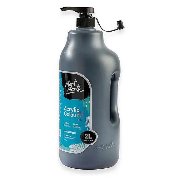 Mont Marte Acrylfarbe Signature - Lampenschwarz, 2.000 ml, Flasche mit Tropfpipette - Dunkelgraue 2L Mont Marte Acrylfarbenflasche in Lamp Black mit schwarzem Pumpspender.