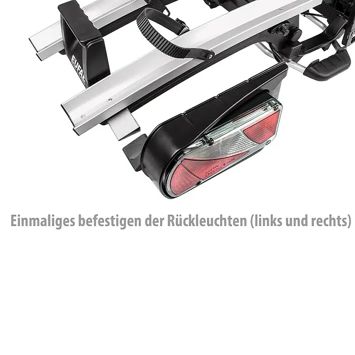 Eufab Fahrradträger Finch - Geeignet für: 2 Fahrräder/E-Bikes, Traglast: 60 kg - Nahaufnahme der Rückleuchte eines Fahrradträgers mit Reflektoren für erhöhte Sicherheit im Straßenverkehr.